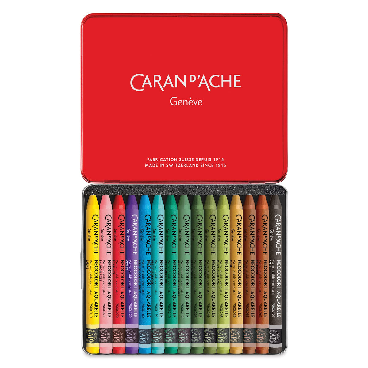 Caran d'Ache Neocolor II Botanical & Earth Tones — estojo aberto com 15 cores