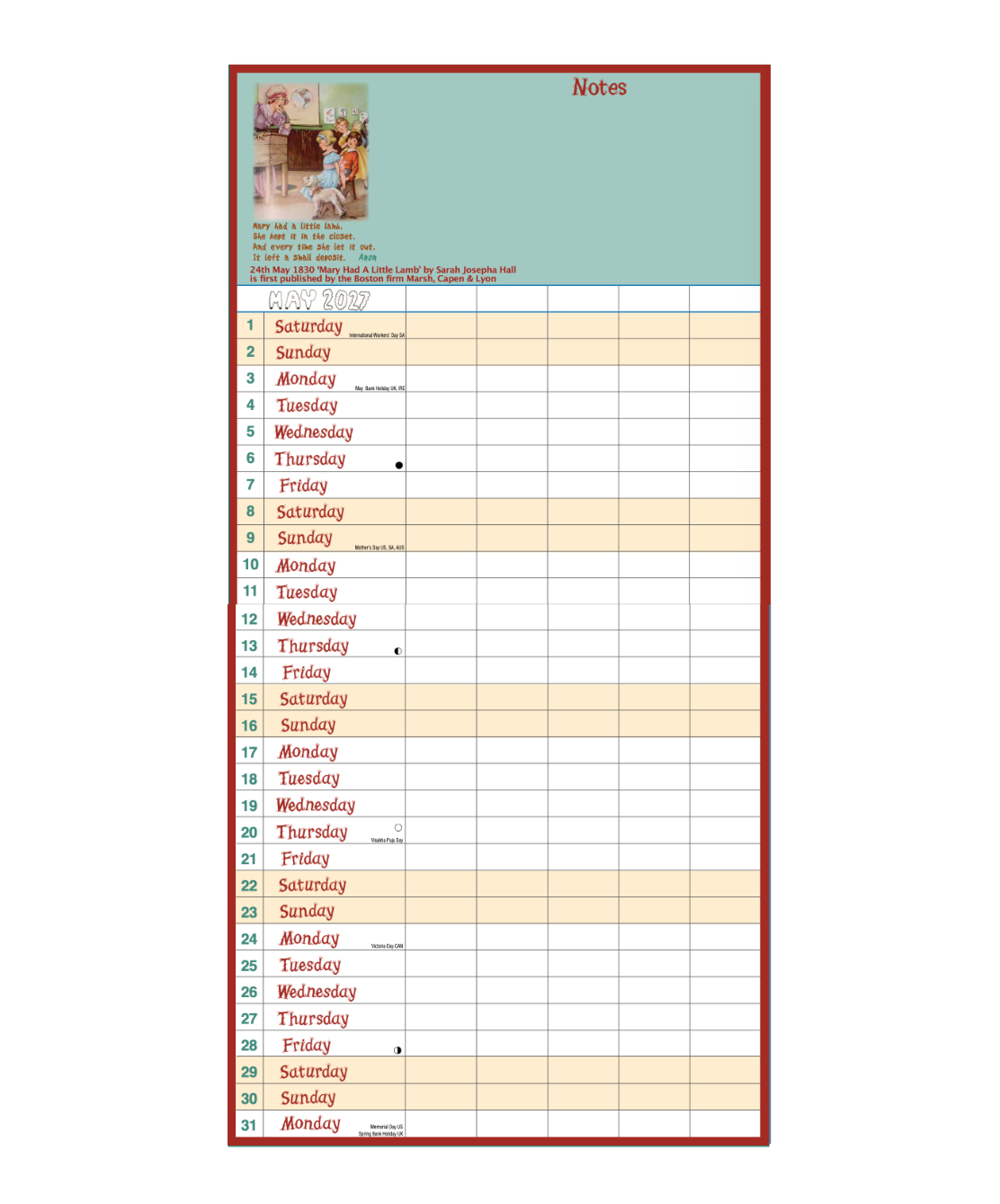 Dodo Pad 2027 — Calendário Familiar de Parede — detalhe interno 3