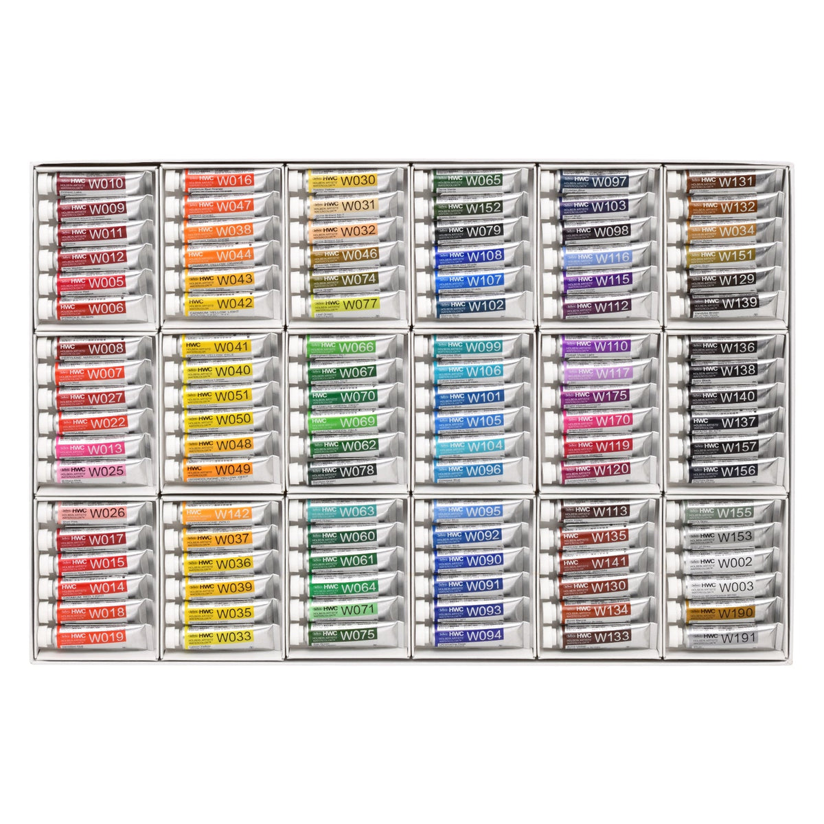Conjunto aberto Holbein W422 com 108 tubos de aquarela de 5 ml
