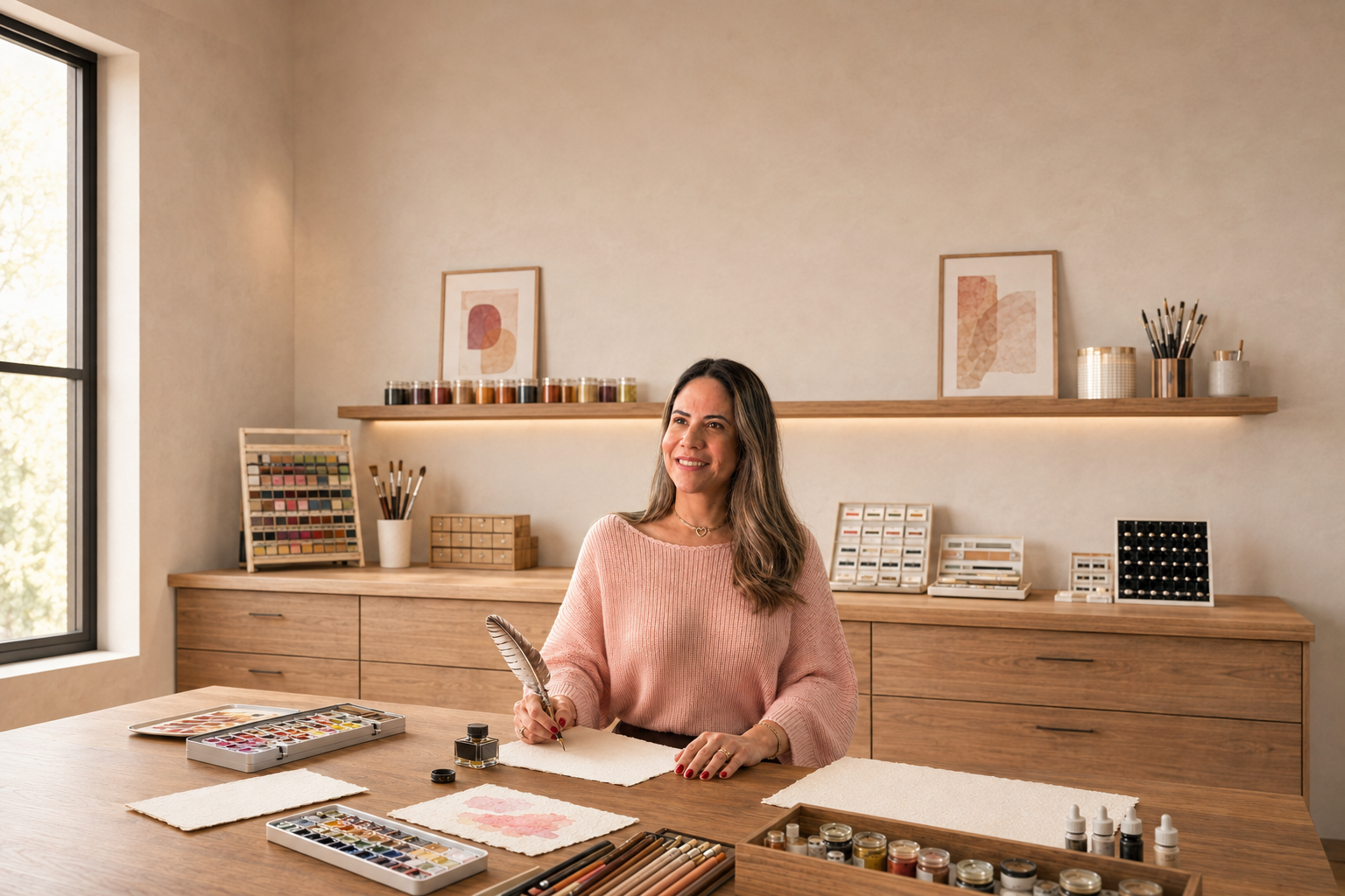 Juliana Filippini com caneta de pena em ateliê contemporâneo, enquadramento amplo