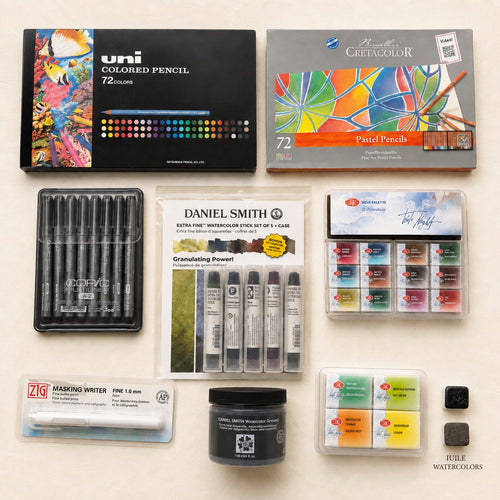 Kit Artístico Completo da Live com lápis, aquarelas e materiais profissionais