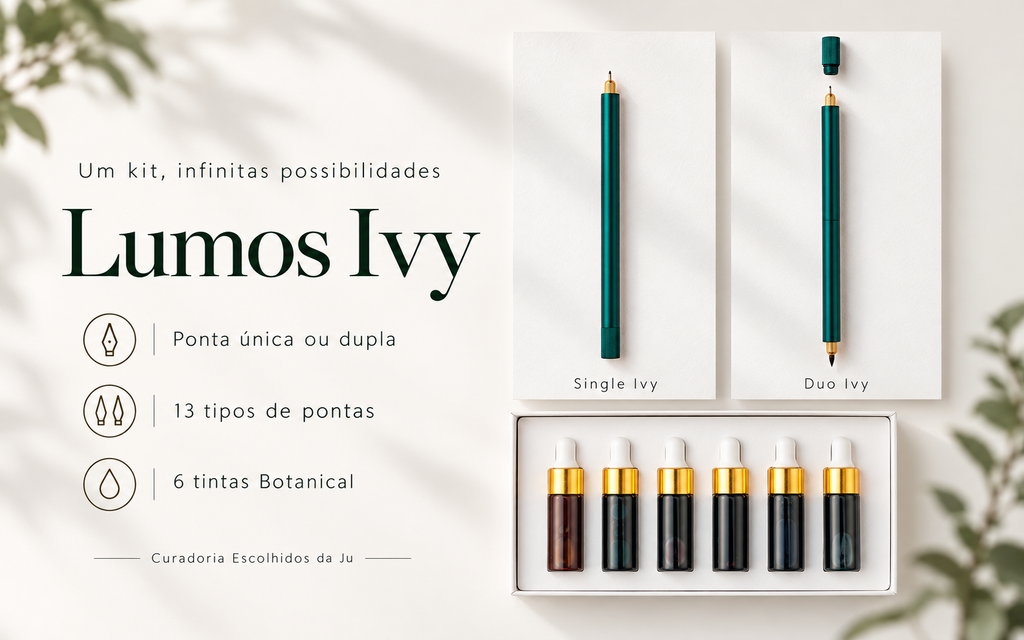 Composição ilustrativa do Kit Curadoria Lumos Ivy com pontas e tintas Botanical; cada kit inclui uma caneta Single ou Duo, conforme a opção escolhida.