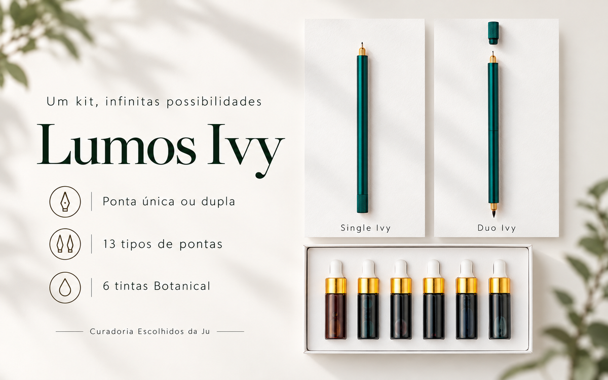 Composição ilustrativa do Kit Curadoria Lumos Ivy com pontas e tintas Botanical; cada kit inclui uma caneta Single ou Duo, conforme a opção escolhida.