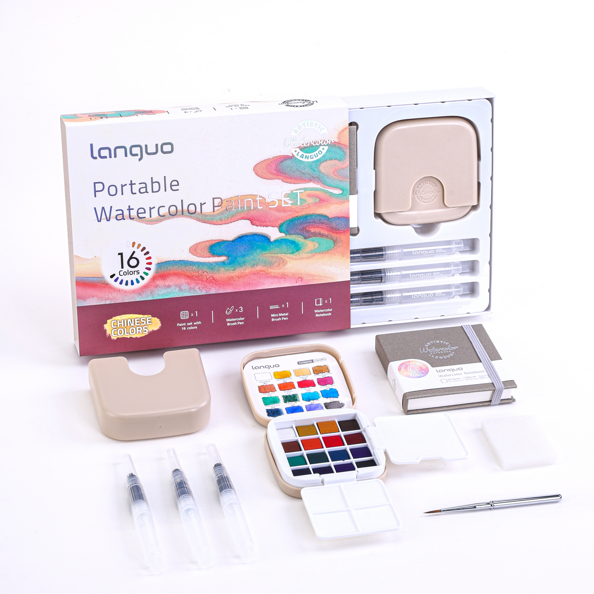 Kit Aquarela Languo Portátil 4 em 1 — 16 Cores Chinesas