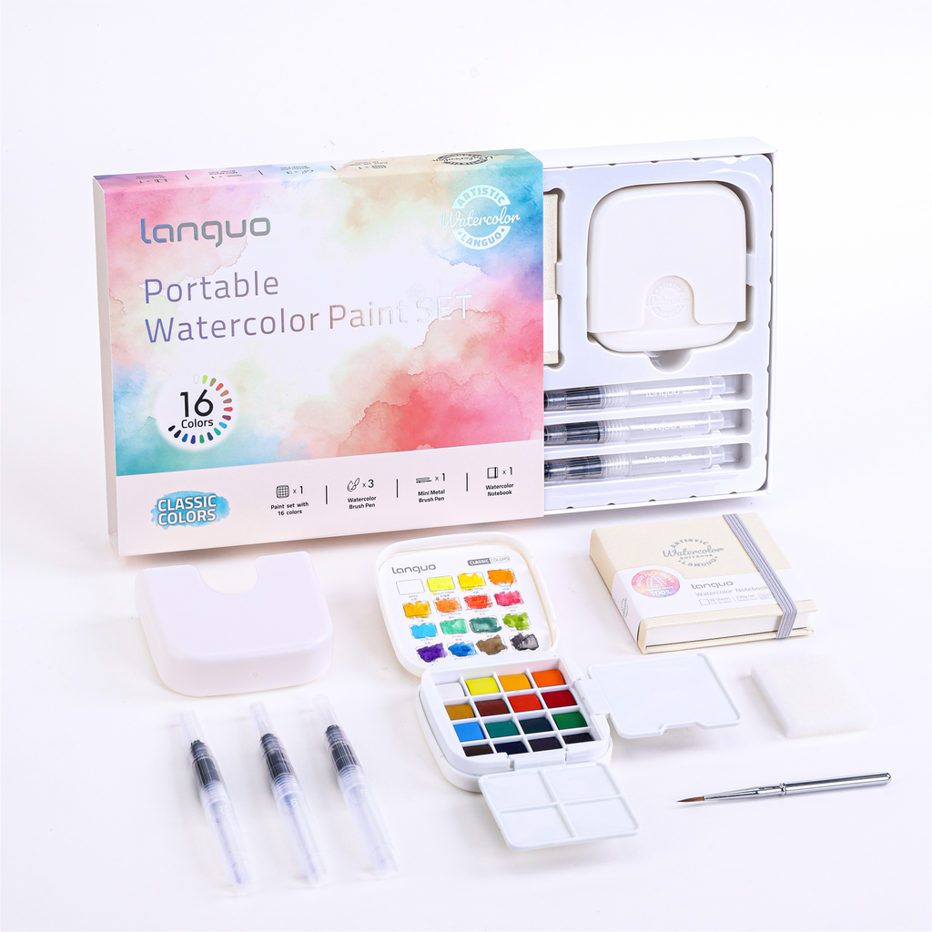 Kit Aquarela Languo Portátil 4 em 1 — 16 Cores Clássicas
