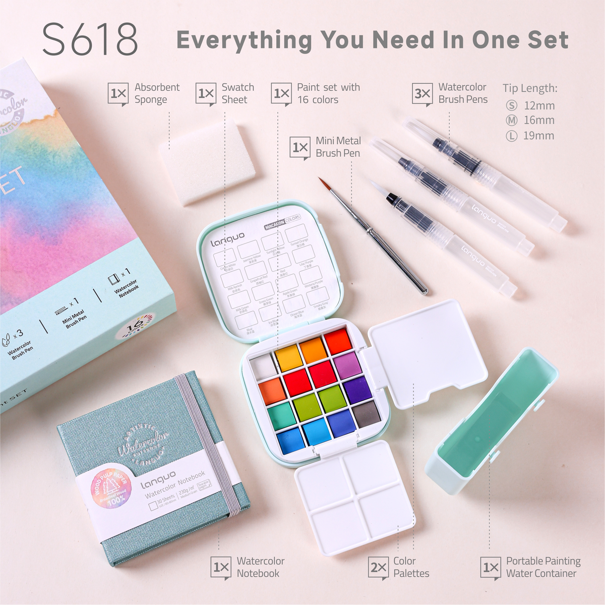 Kit Aquarela Languo Portátil 4 em 1 — 16 Cores Clássicas — imagem 4