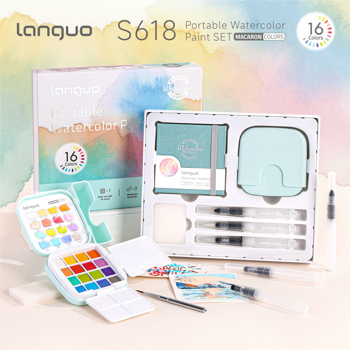 Kit Aquarela Languo Portátil 4 em 1 — 16 Cores Macaron — imagem 2
