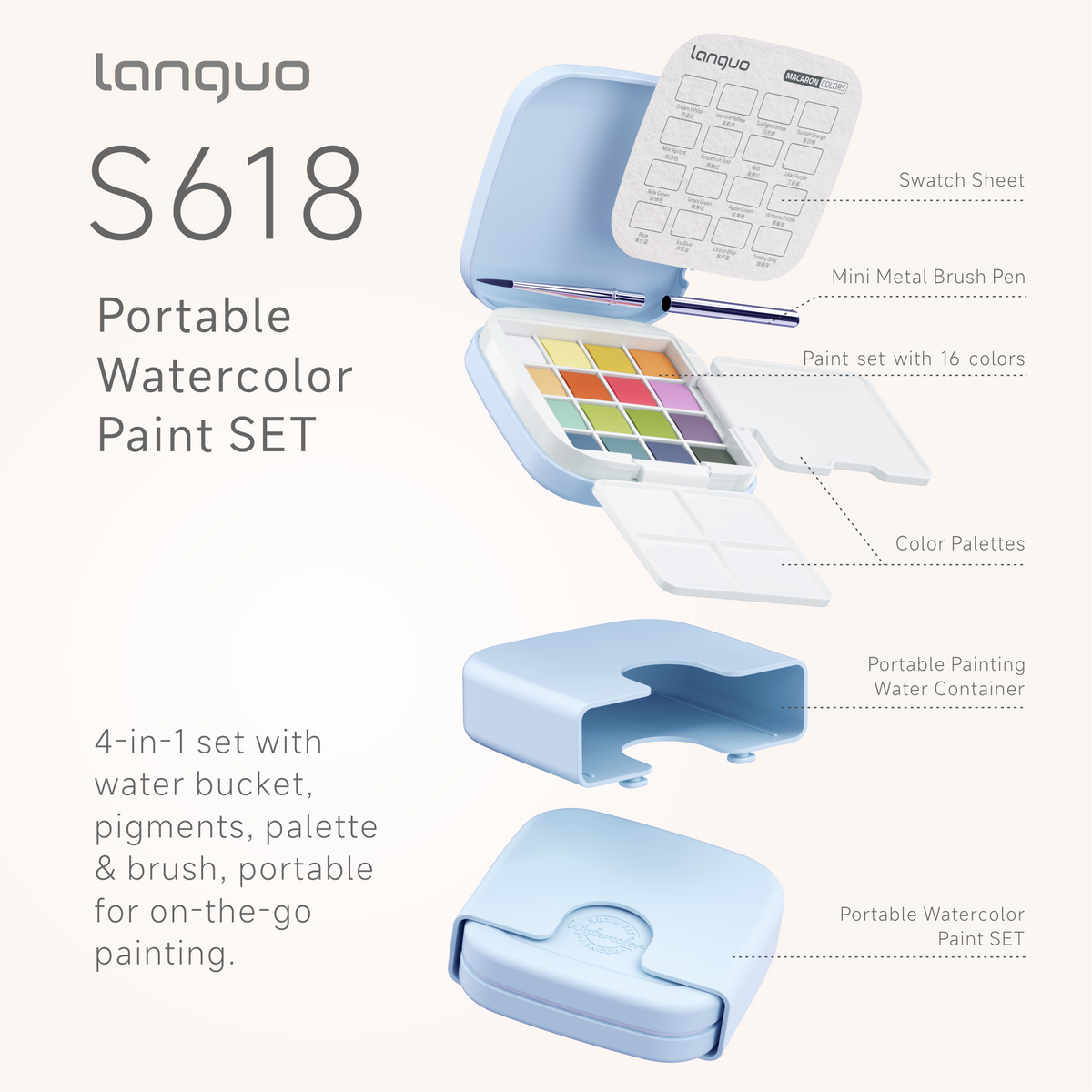 Kit Aquarela Languo Portátil 4 em 1 — 16 Cores Macaron — imagem 3