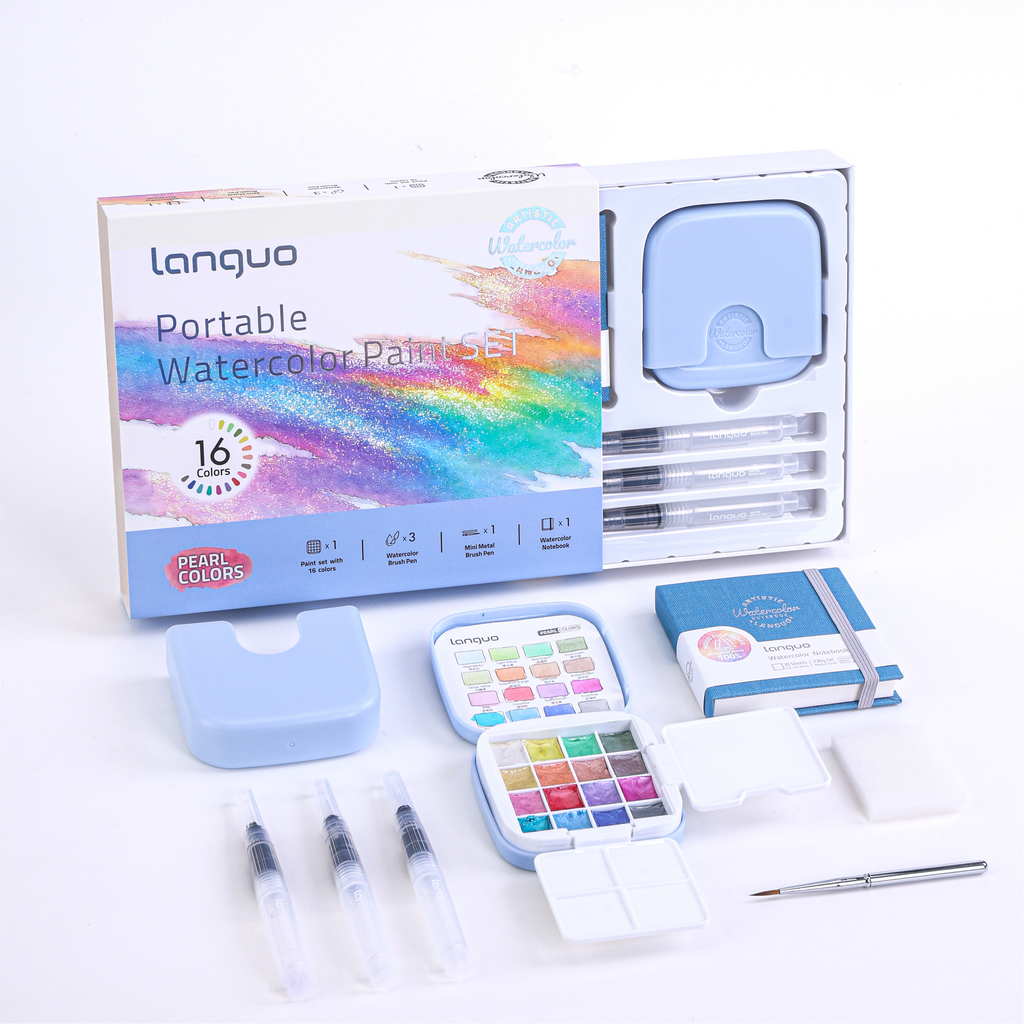Kit Aquarela Languo Portátil 4 em 1 — 16 Cores Peroladas