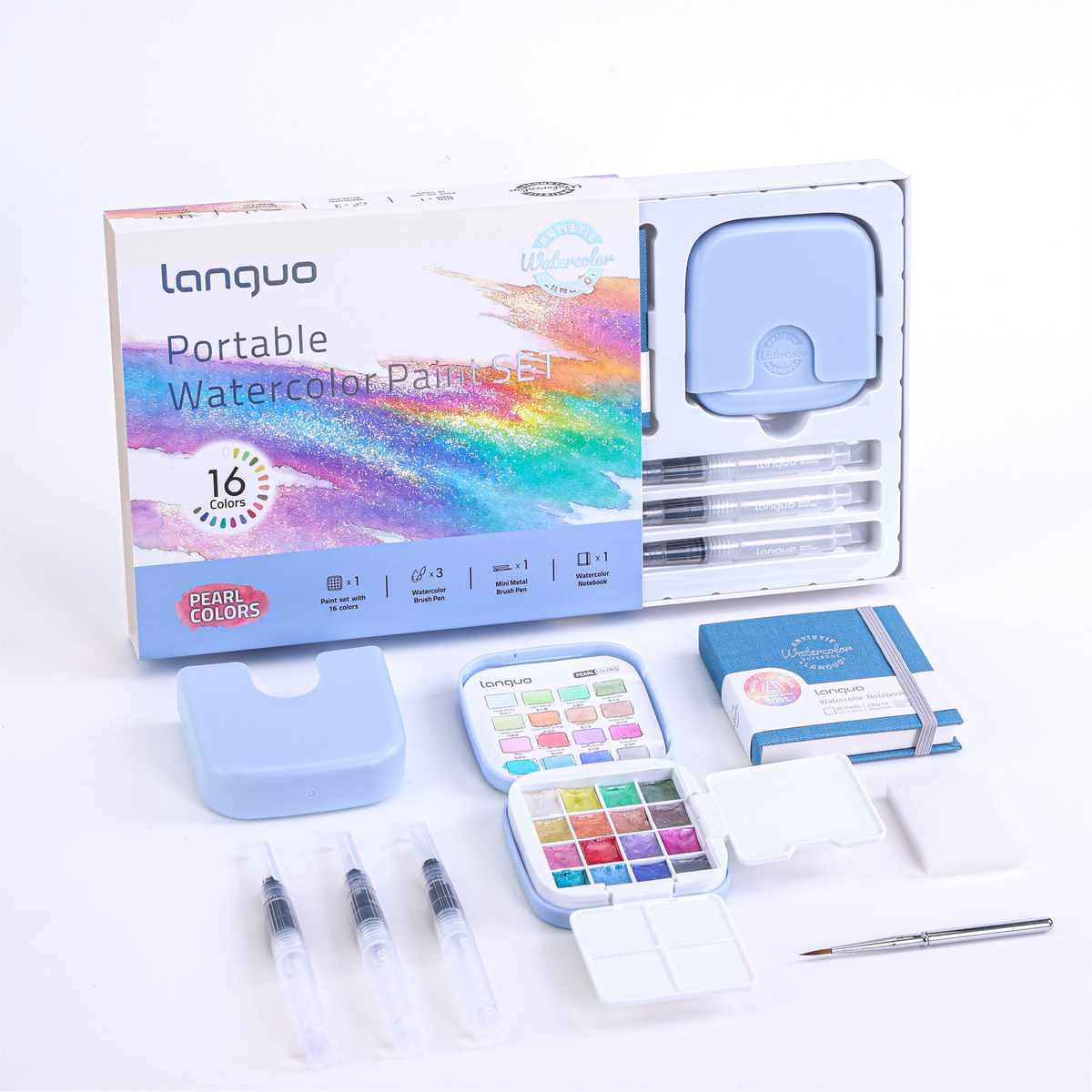 Kit Aquarela Languo Portátil 4 em 1 — 16 Cores Peroladas