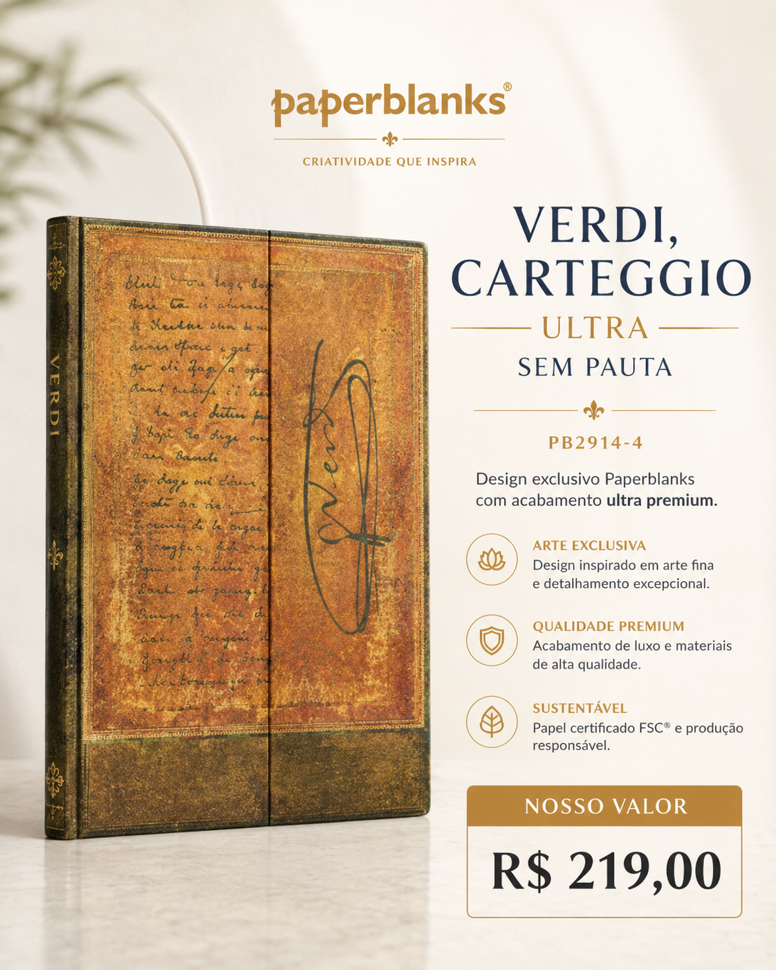 Caderno Paperblanks Verdi Carteggio Ultra sem pauta