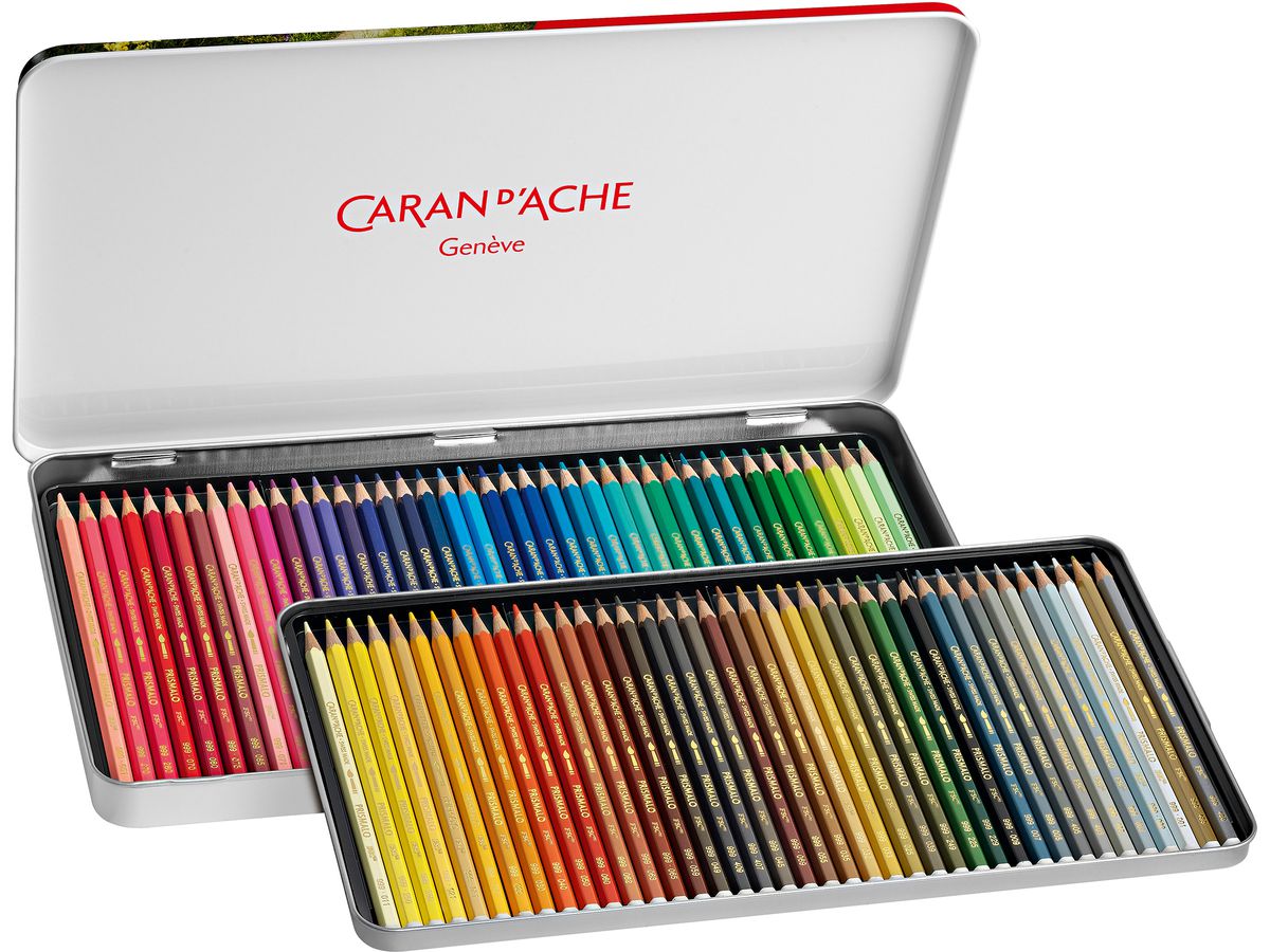 Caran d'Ache Prismalo 80 cores em caixa metálica aberta