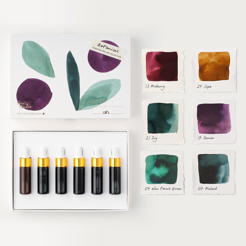 Estojo Botanical Mini Ink Collection e amostras de cores