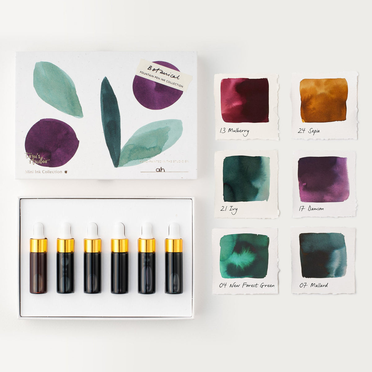 Estojo Botanical Mini Ink Collection e amostras de cores