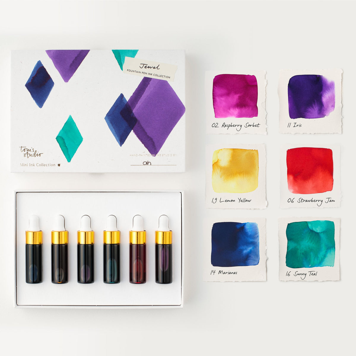 Estojo Jewel Mini Ink Collection e amostras de cores
