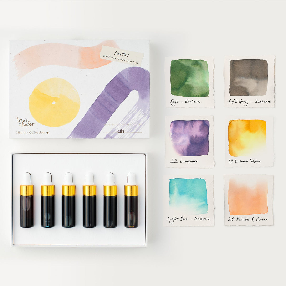 Estojo Pastel Mini Ink Collection e amostras de cores
