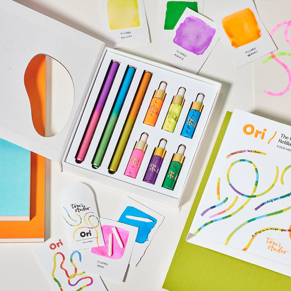 Kit Tom’s Studio Ori com três marca-textos e seis tintas fluorescentes